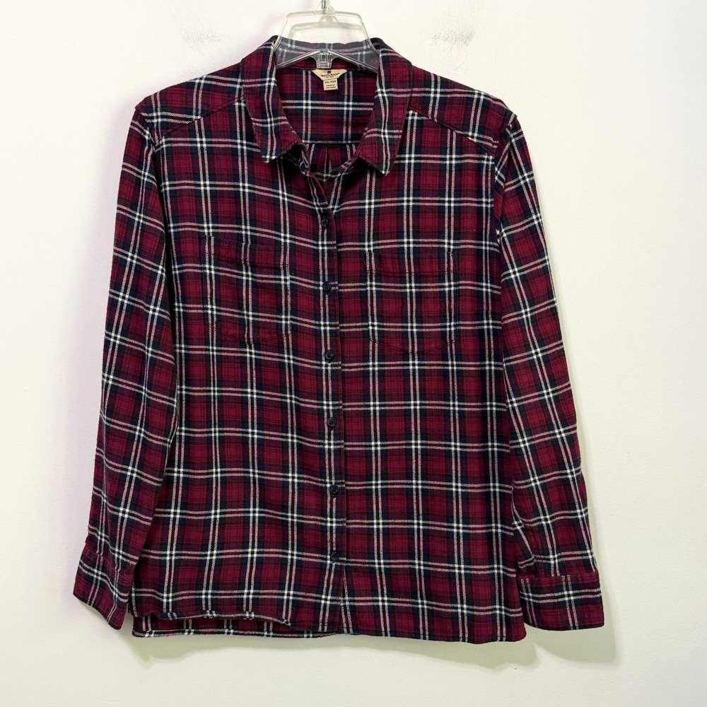 Woolrich Flannel Shirt Blouse Plus XXL Red Plaid Long Sleeve Cotton Ski Pockets